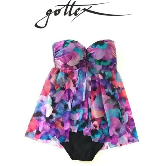 Gottex One Piece Multicolor Floral Flyaway Bandeau Style one piece Swimsuit sz 8 - Picture 2 of 10